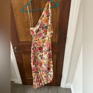 Floral One-Shoulder Asymmetrical Pleated Dress